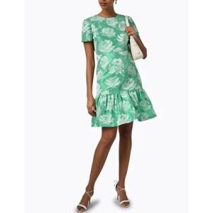 BIGIO Green Floral Jacquard Dress Mini Short Sleeve Size 14 casual drop hem